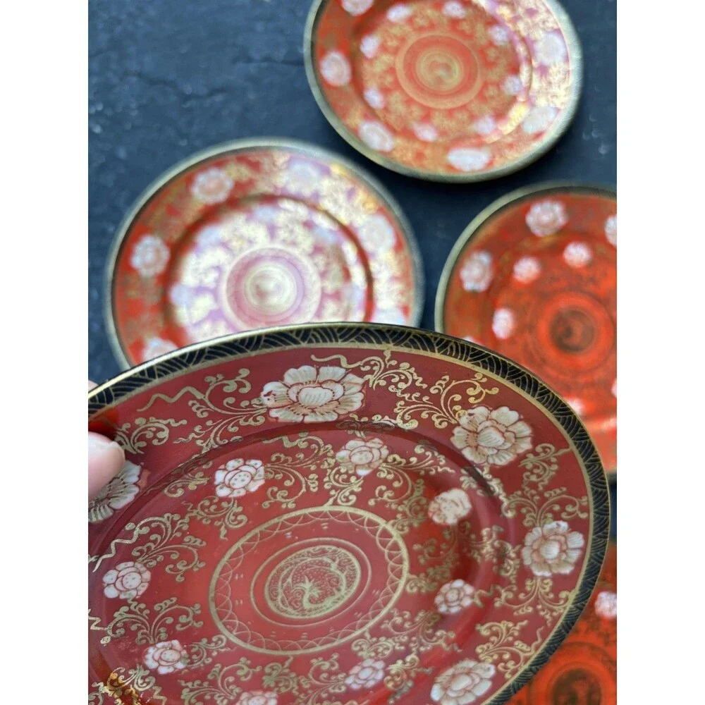 oriental 5 Plates Elite B Company Japan Floral Pattern Gold Accents handpainted